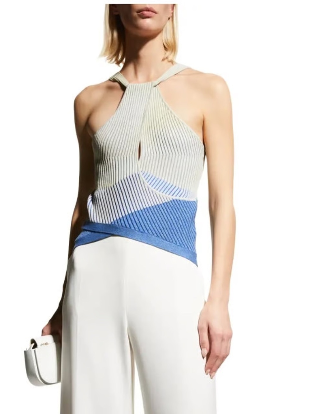 Jonathan Simkhai Space-Dyed Ribbed Halter Knit Top in Blue and Cream